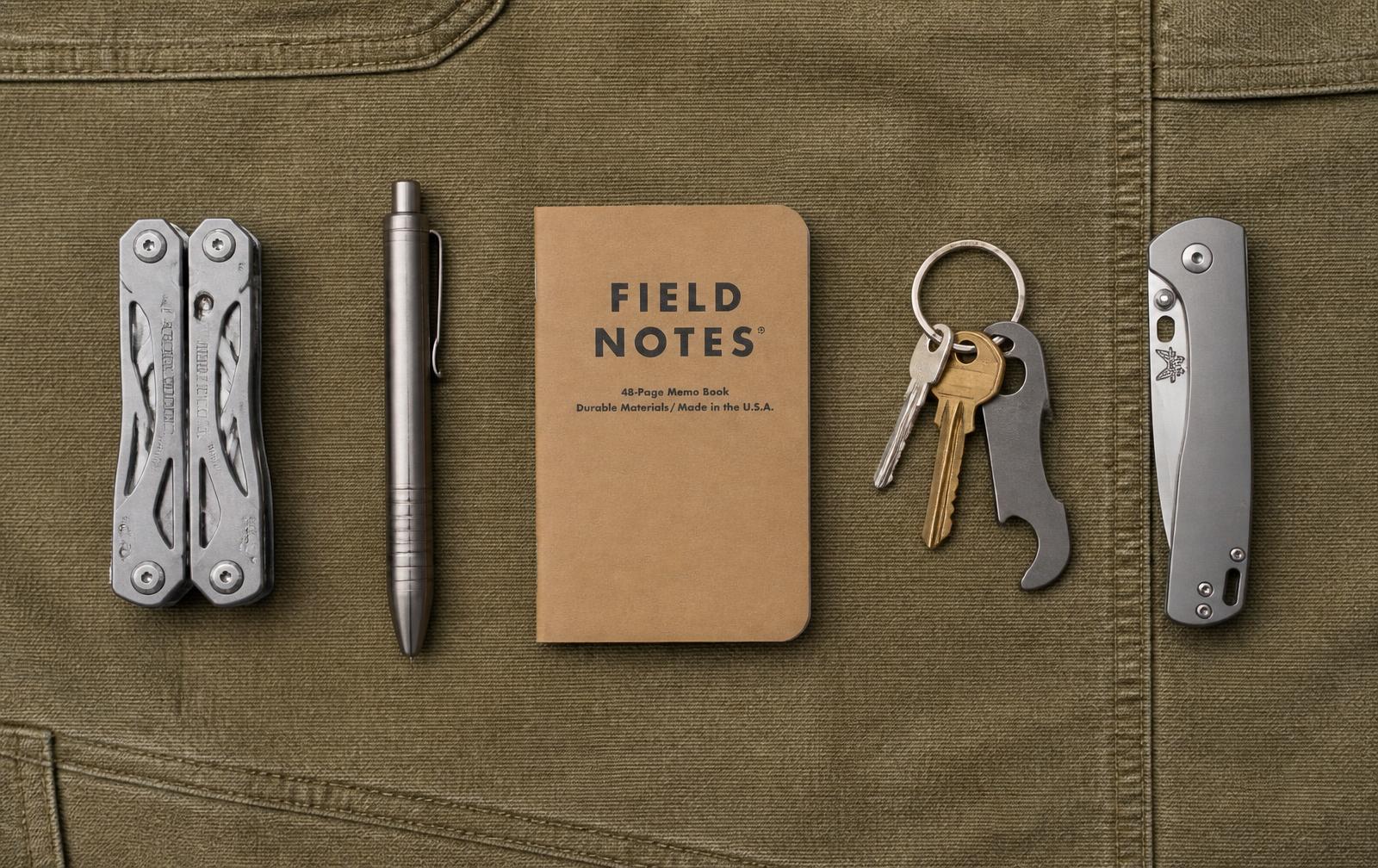 Multi-tool, pen, pocket notebook, keys and folding knife on a canvas jacket